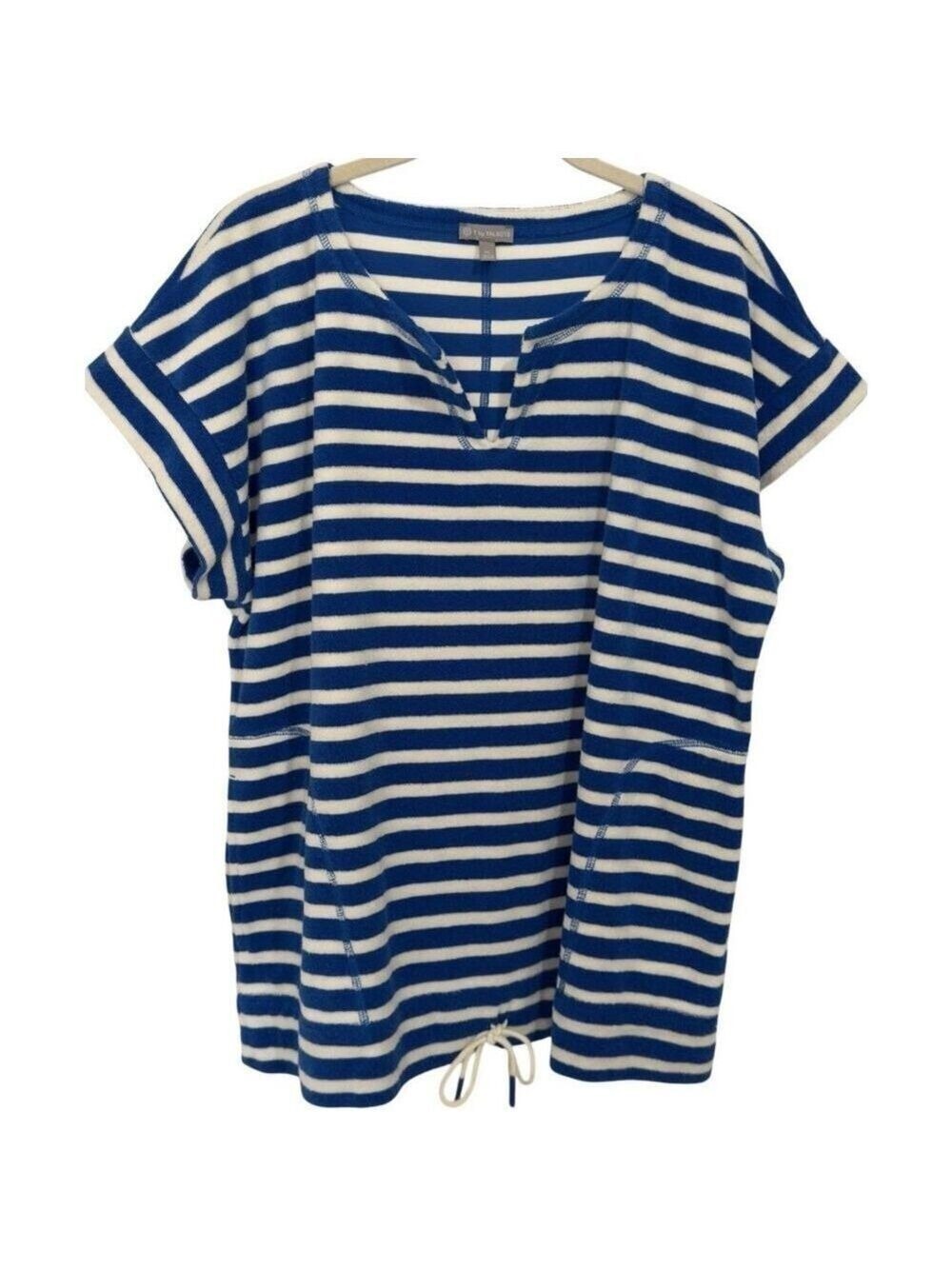Talbots Women XL Terry Split Neck Drawstring-bottom Tunic Top Blue White Stripe